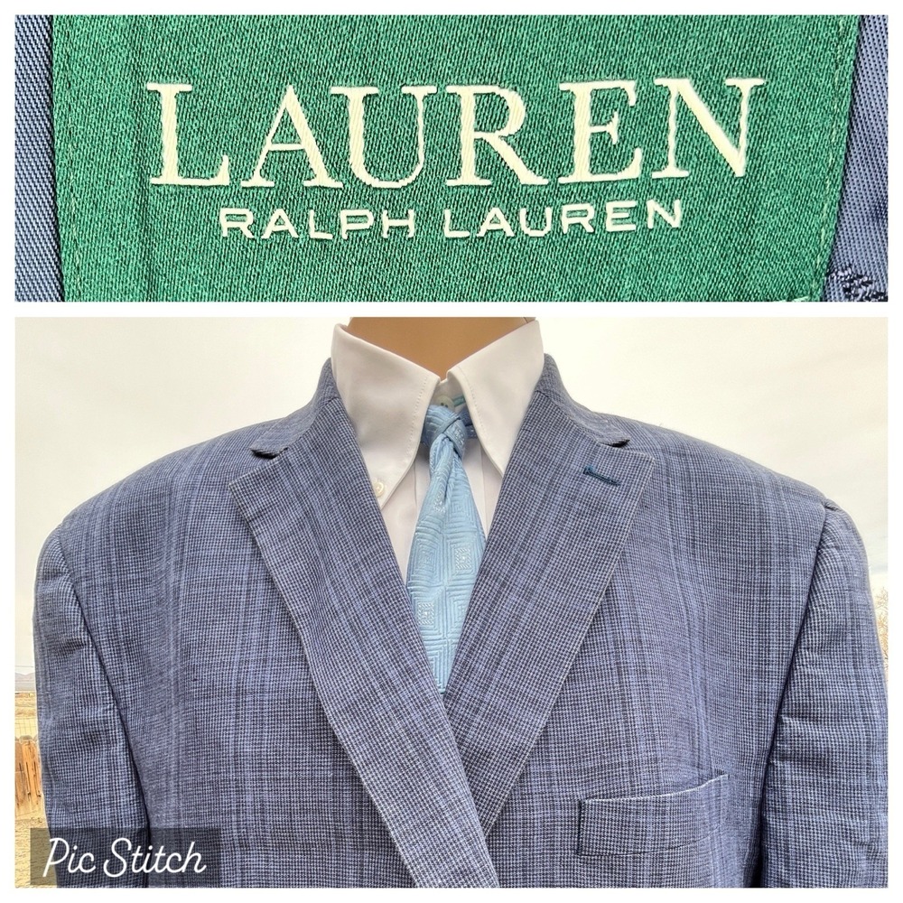Vintage Lauren Ralph Lauren Linen Houndstooth WindowPane Blue Sportcoat Men 50L‎